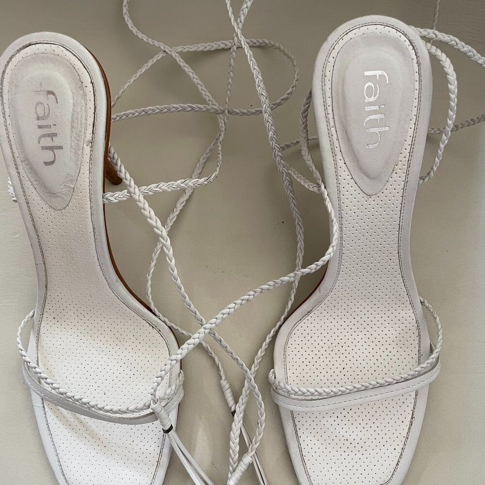 FAITH Size 6 White Leather Long Strap High Heel Sandals